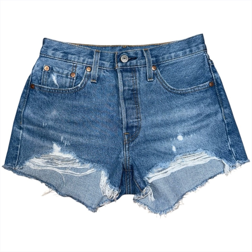 NWOT Levi’s 501 Premium High Rise Denim Shorts Womens 25 Big E Blue Distressed